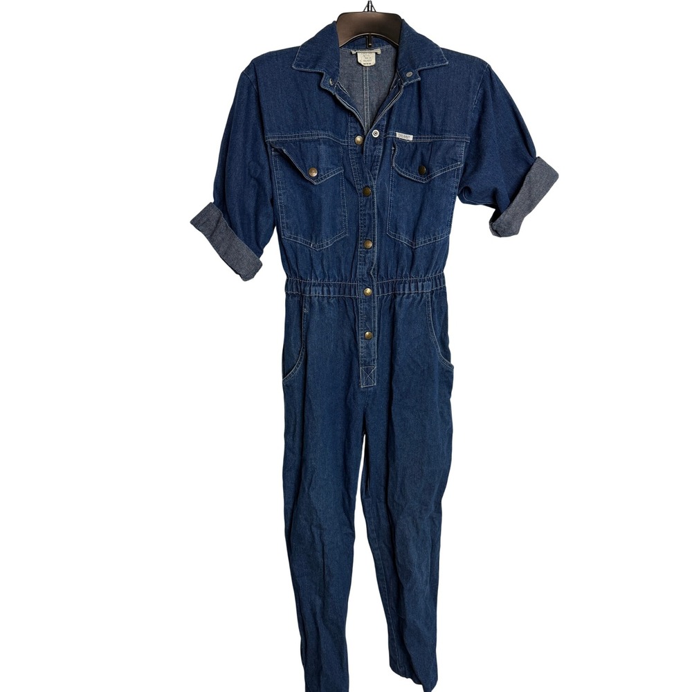 VINTAGE Dreams Denim Jumpsuit Petite‎ Button Front Roll Tab Sleeve Dark Wash